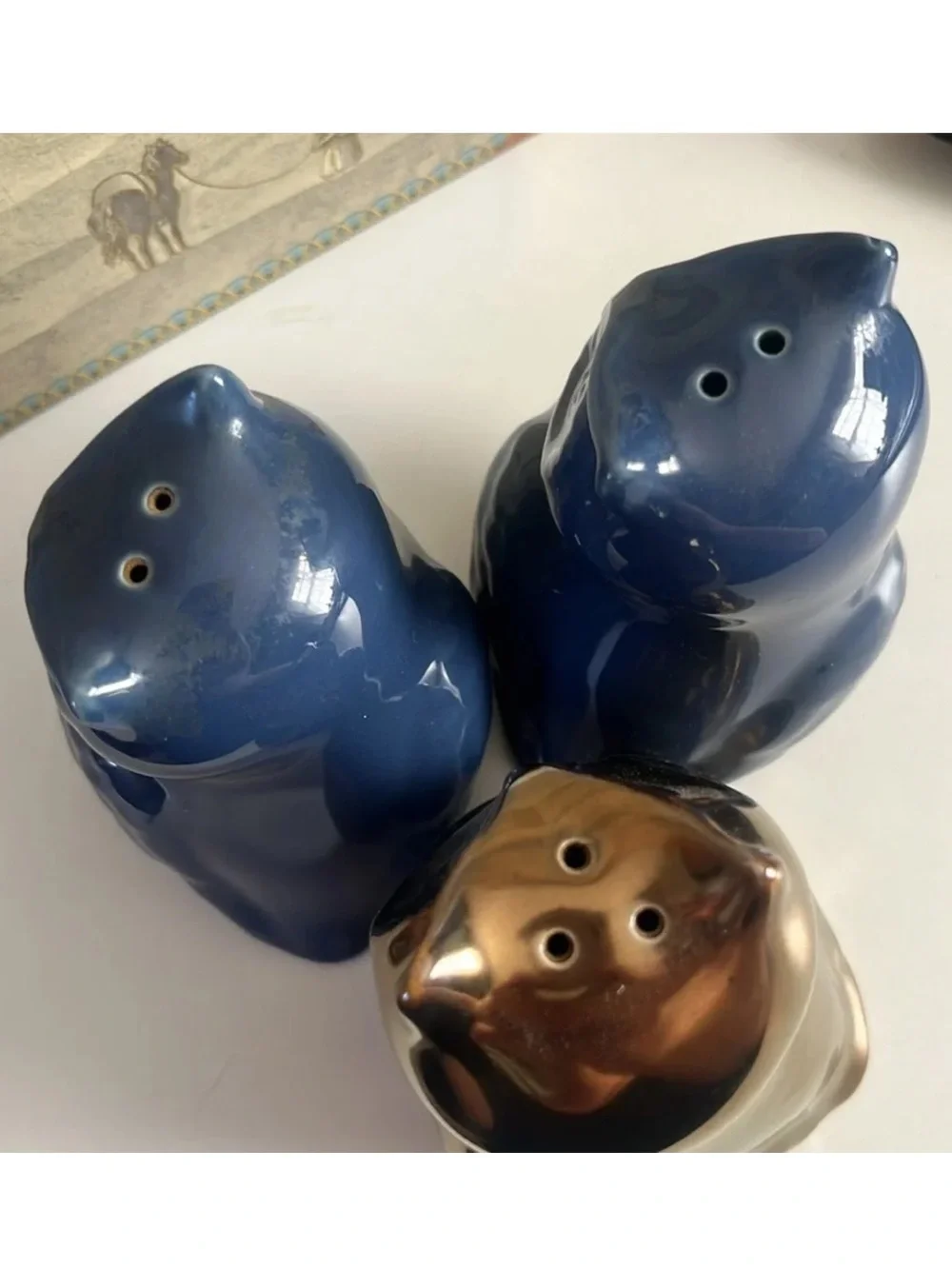 Set of Target 3 owl salt pepper shakers 2- blue and 1- metallic bronze gold EUC